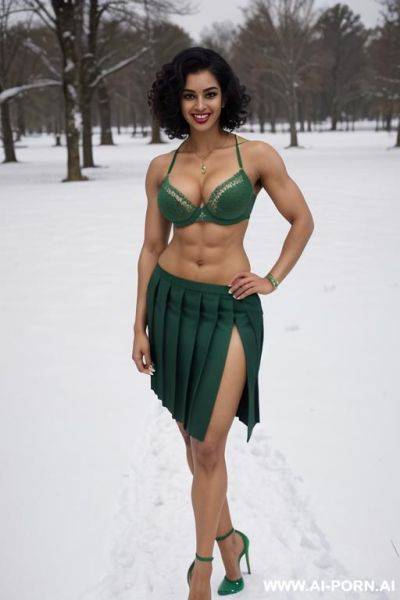 Indian, short curly hair, fit, abs, muscular arms, big ass, tall, long legs, navel piercing, green bra, green pleat skirt, looking at camera, full body, stiletto, in snow - ai-porn.ai - India on pornsimulated.com