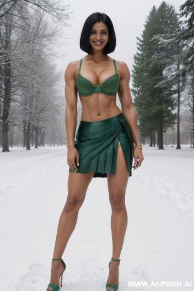 Indian, short hair, fit, abs, muscular arms, big ass, tall, long legs, navel piercing, green bra, green pleat skirt, looking at camera, full body, stiletto, in snow - ai-porn.ai - India on pornsimulated.com