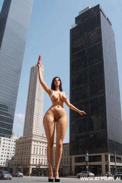 Full body view of a tall giantess taller than a building. ((she has a massive penis extruding from her vagina)) - ai-porn.ai on pornsimulated.com