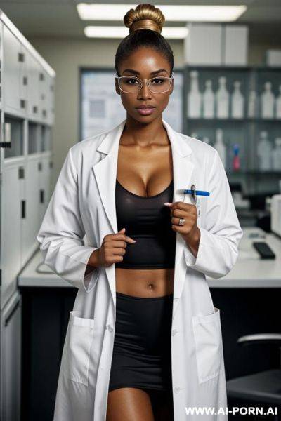 Black woman, supermodel, big nose, blonde hair, hair in bun, lab coat, scientist - ai-porn.ai on pornsimulated.com