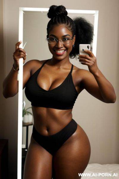 Black woman, supermodel, big nose, braided hair, hair in bun, nerdy, scientist - ai-porn.ai on pornsimulated.com