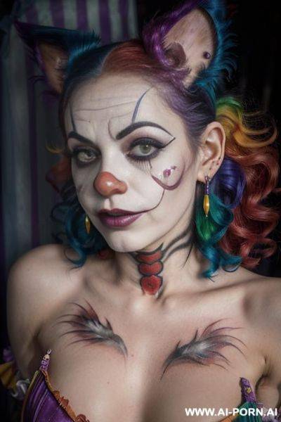 Face, sexy, beautiful, ((face painting)), (naked), ((tattoo roses)), ((eyes shw)), ((angel wings)), ((rainbow hair)), ((long bu hair)), ((wind)), (( cat face)), (( cat ears)), (((feather earrings)), neckless, full view, wide angle view, sensual - ai-porn.ai on pornsimulated.com