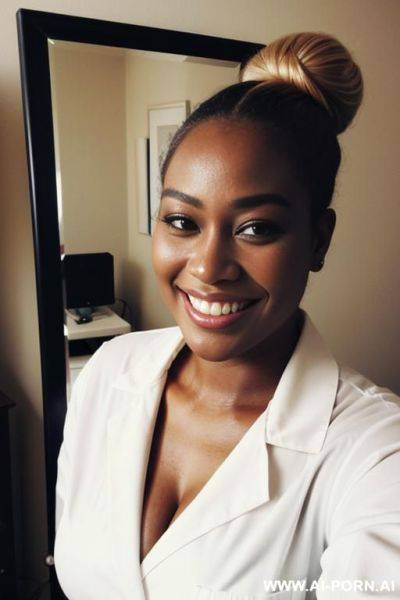 Black woman, supermodel, big nose, blonde hair, hair in bun, nerdy, scientist - ai-porn.ai on pornsimulated.com