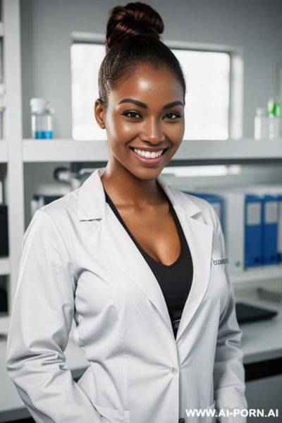 Black woman, supermodel, big nose, blonde hair, hair in bun, very tight lab coat, scientist - ai-porn.ai on pornsimulated.com