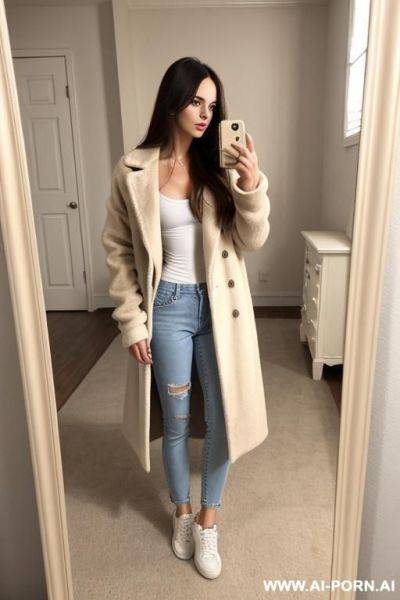 Woman long hair long beige coat jeans sneakers white selfie photo in the mirror - ai-porn.ai on pornsimulated.com