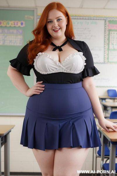Close up full body photo shot, about at classroom, chubby very ((obese)) redhead fat bbw curvy teacher, wearing a sexy and hot micro ruffle skirt, and elegant top, teaching to the classroom. - ai-porn.ai on pornsimulated.com