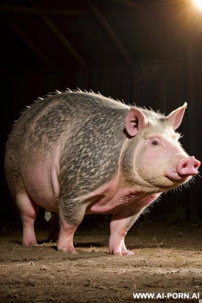 Zoophilia (mating with animals), hog farm, woman is on all fours pose , woman mating (hard fucks) with a hog, hog fucks woman in normal animal position (fucks from behind) (hog fucks like - ai-porn.ai on pornsimulated.com