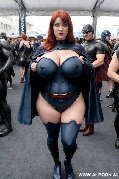 Sexy redhead sister, massive teardrop breasts, ((keep face)), ((keep body)), at comic con, - ai-porn.ai on pornsimulated.com