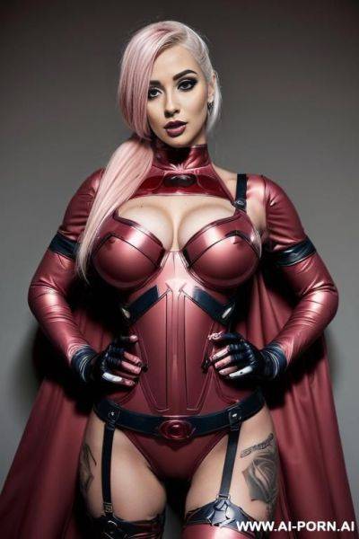 Sexy sexbot, tattoo sexbot, huge breasts, tapeared waists, covered in rose tattoos, platinum blond hair, high pony, full body view, comic book cover, ((keep face)), wearing hero costume, - ai-porn.ai on pornsimulated.com