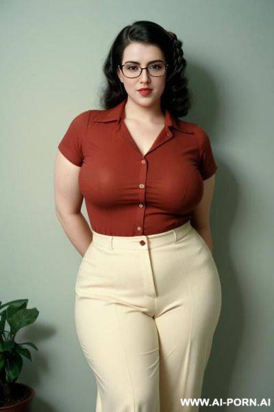 170s nerd 18 years old with huge natural boobs and cutie babe face. glasses. nerdy. shirt and trousers. retro, vintage. 170s style. curvy body. seductive look. . hebrew. - ai-porn.ai on pornsimulated.com