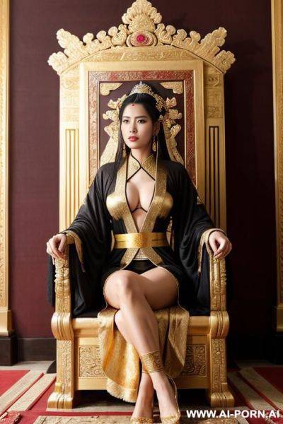 Empress of china, full empress robe, sitting on golden throne in big palace, her iq is ultra-high, very smart, amused, big ancient wall is behind her - ai-porn.ai on pornsimulated.com