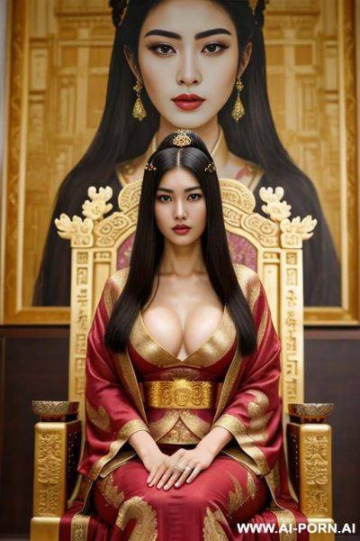 Empress of china, full empress robe, sitting on golden throne in big palace, her iq is ultra-high, very smart, amused, big ancient painting is behind her - ai-porn.ai on pornsimulated.com