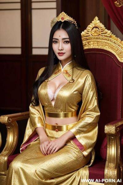Empress of china, open full empress robe, sitting on golden throne in big palace, her iq is ultra-high, very smart, amused, - ai-porn.ai on pornsimulated.com