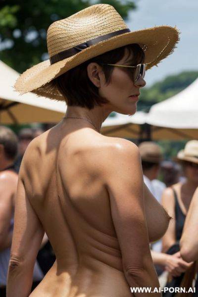 Hairy pussy, straw hat, gigantic saggy boobs, many people around, outside - ai-porn.ai on pornsimulated.com