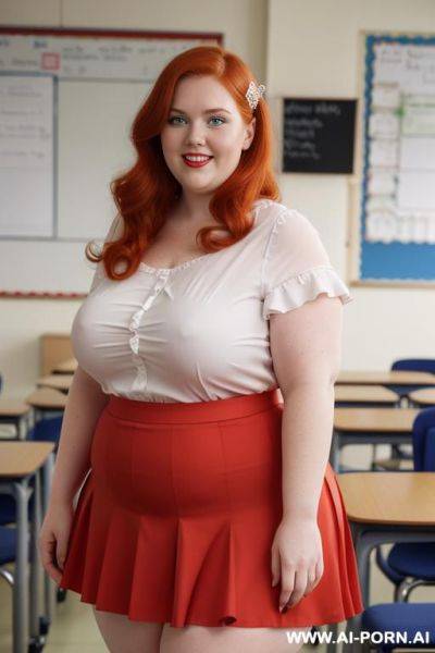 Close up full body photo shot, about at classroom, chubby very obese redhead fat bbw curvy teacher, wearing a sexy and hot micro red ruffle skirt, and elegant top, teaching to the classroom. - ai-porn.ai on pornsimulated.com