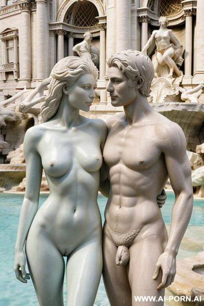 Sculpture of a naked man and woman. realistic, very beautiful face. wull body wiew. trevi fountain in the background. - ai-porn.ai on pornsimulated.com