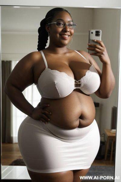 Black woman, supermodel, big nose, braided hair, hair in bun, nerdy, scientist, pear shaped, extra large bbw, huge hips - ai-porn.ai on pornsimulated.com