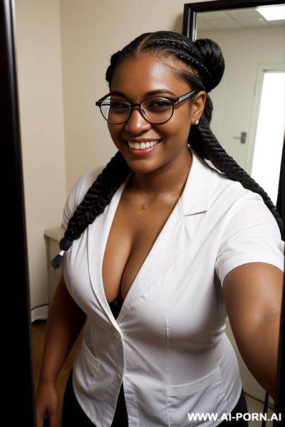Black woman, supermodel, big nose, braided hair, hair in bun, nerdy, scientist - ai-porn.ai on pornsimulated.com