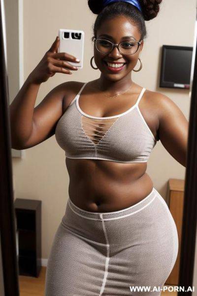 Black woman, supermodel, big nose, blonde hair, hair in bun, nerdy, scientist - ai-porn.ai on pornsimulated.com