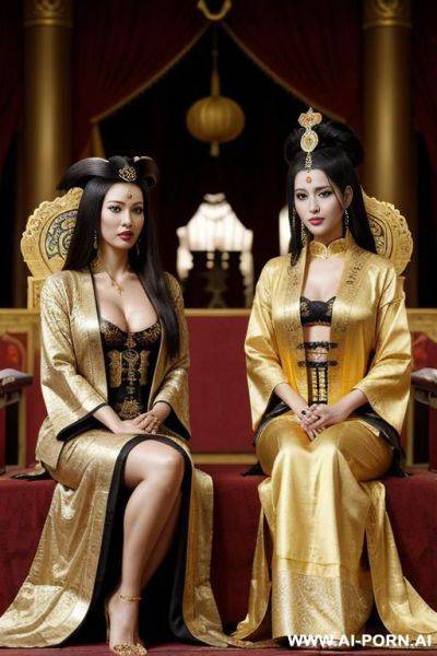 Empress of china, open full empress robe, sitting on golden throne in big palace, her iq is ultra-high, very smart, amused. next to her is pirates queen (brazilian woman). pirate queen has pirate clothes. - ai-porn.ai - Brazil on pornsimulated.com