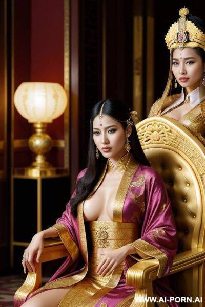 Empress of china, open full empress robe, sitting on golden throne in big palace, her iq is ultra-high, very smart, amused.next to her is pirates queen. - ai-porn.ai on pornsimulated.com