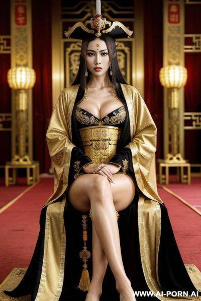 Empress of china, open full empress robe, sitting on golden throne in big palace, empress of china has crown on her head, her iq is ultra-high, very smart, amused. next to her is pirates - ai-porn.ai - Brazil on pornsimulated.com