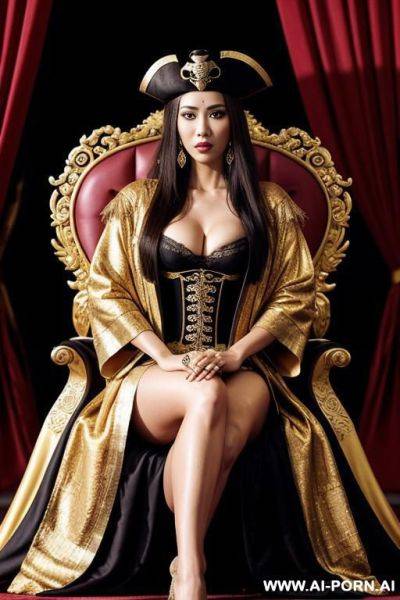 Empress of china, open full empress robe, sitting on golden throne in big palace, her iq is ultra-high, very smart, amused. next to her is pirates queen (brazilian woman, brunette). pirate queen has pirate clothes, she has long pirate coat. - ai-porn.ai - Brazil on pornsimulated.com