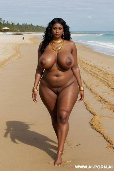 Two black women with curvy bodies. dark skin. necklace, earrings, bracelet, ankle chain. gold armband. long thick pointed erect nipples. long curly hair. nose stud. gold chains. blue eyes. navel - ai-porn.ai on pornsimulated.com