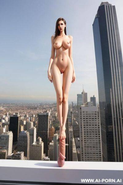 Full body view of a tall, slender giantess who is taller than a city. (((she is growing a penis from her clitoris))) - ai-porn.ai on pornsimulated.com