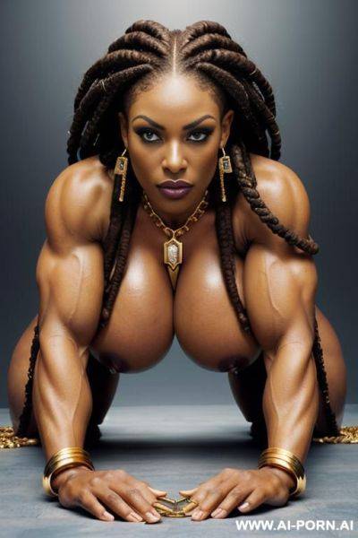 Black gladiator woman with curvy body. dark skin. necklace, earrings, bracelet, ankle chain. stiletto high heels., gold armband. long thick pointed erect nipples. nose stud. gold chains. blue eyes. - ai-porn.ai on pornsimulated.com