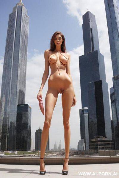 Full body view of a tall, slender giantess taller than a city. (((she has a huge penis hanging between her legs))) - ai-porn.ai on pornsimulated.com