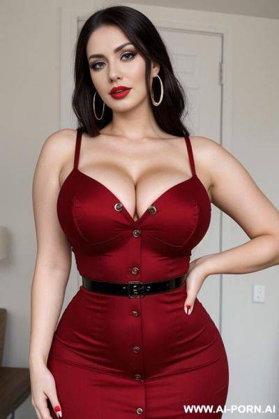 Red dress, round boobs, extremely pretty, model, full lips, button nose, eye contact, ahegao, hoop earrings, styled hair, tight waist, hourglass figure - ai-porn.ai on pornsimulated.com