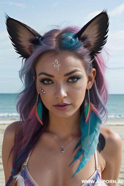Face, sexy, beautiful, ((face painting)), ((bikini as seashell)), ((tattoo roses)), ((eyes shw)), ((angel wings)), ((rainbow hair)), ((long bu hair)), ((wind)), (( cat face)), (( cat ears)), (((feather - ai-porn.ai on pornsimulated.com