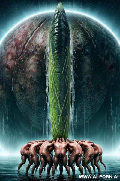 Tropical jungle, heavy rainstorm (a lot of water around), lightning; several monsters (males extraterrestrial creatures); huge males extraterrestrial creatures (very impressive) ((looks terrible)), very big - ai-porn.ai on pornsimulated.com