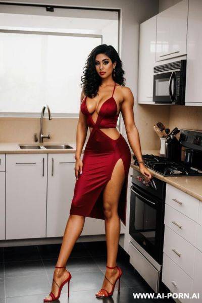 Indian, short hair, muscular arms, big ass, tall, long legs, navel piercing, red slit slip dress, looking at camera, full body, stiletto, in kitchen - ai-porn.ai - India on pornsimulated.com