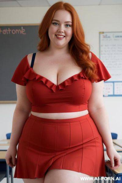 Close up half body photo shot, about at classroom, chubby (very obese) redhead fat bbw curvy teacher, wearing a sexy and hot micro red ruffle skirt, and elegant top, teaching to the classroom. ((dynamic angle)). wearing heels - ai-porn.ai on pornsimulated.com