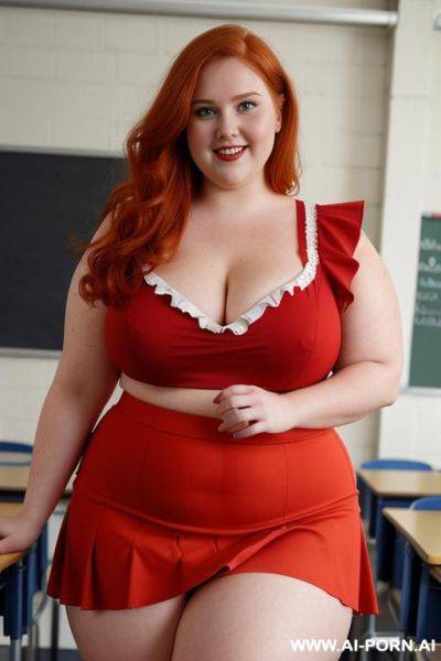 Close up half body photo shot, about at classroom, chubby (very obese) redhead fat bbw curvy teacher, wearing a sexy and hot micro red ruffle skirt, and elegant top, teaching to the classroom. ((dynamic angle)) - ai-porn.ai on pornsimulated.com