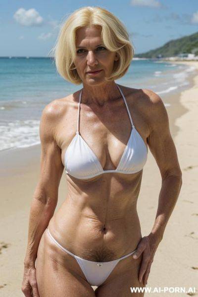 Granny mature woman wearing a white bikini, hairy pussy, (hairy armpits), very hairy pussy ((really hairy)), (((wide hip))) - ai-porn.ai on pornsimulated.com