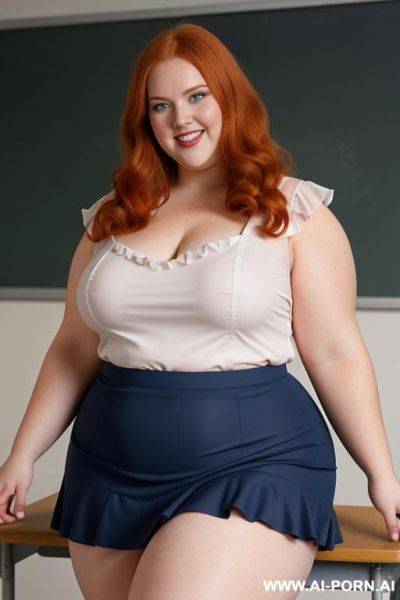 Close up full body photo shot, about at classroom, chubby very obese redhead fat bbw curvy teacher, wearing a sexy and hot micro ruffle skirt, and elegant top, teaching to the classroom. - ai-porn.ai on pornsimulated.com