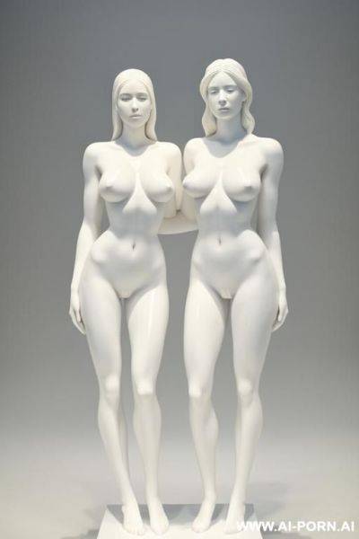 White color sculpture of a naked couple. realistic, very beautiful face. perfect boobs, slight smile, standing, spreading legs, showing very beautiful perfect pussy. full body wiew. museum. - ai-porn.ai on pornsimulated.com