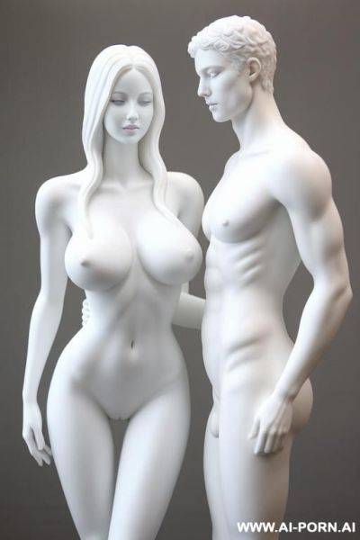 White color sculpture of a naked couple. realistic, very beautiful face. perfect boobs, slight smile, standing, spreading legs, showing very beautiful perfect pussy. full body wiew. - ai-porn.ai on pornsimulated.com