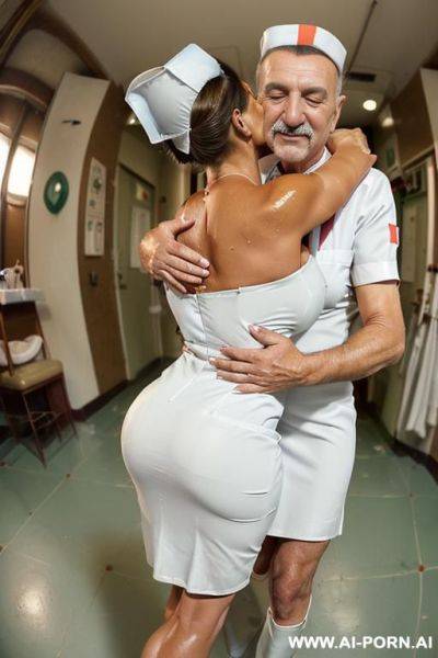 ((((view fish eye lens view)))) ((((next oldman hugging)))) at birdtday celebration ((((tanned italian nurse)))) lot oldmen looks at her close up around spilling beer and having fun ((((white tight - ai-porn.ai - Italy on pornsimulated.com