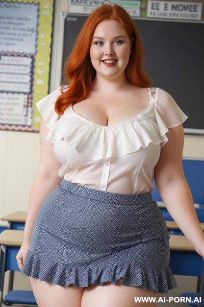 Close up full body photo shot, about at classroom, chubby very obese redhead fat bbw curvy teacher, wearing a sexy and hot micro ruffle skirt, and elegant top, teaching to the classroom. - ai-porn.ai on pornsimulated.com