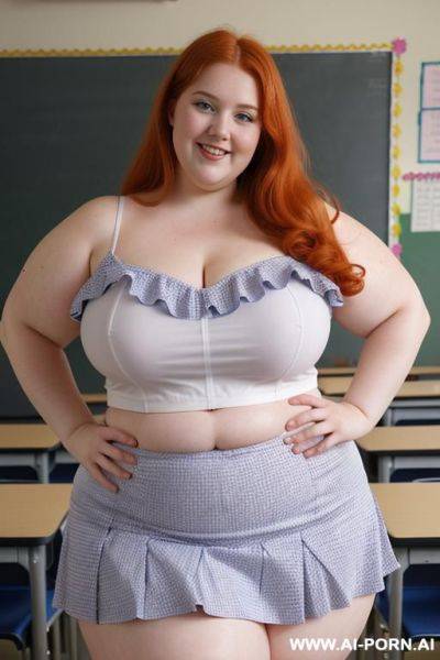 Close up full body photo shot, about at classroom, chubby ((very obese)) redhead fat bbw curvy teacher, wearing a sexy and hot micro ruffle skirt, and hot top, teaching to the classroom. - ai-porn.ai on pornsimulated.com