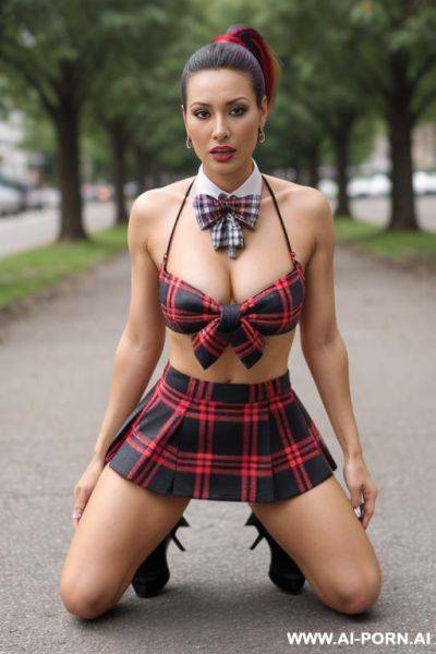 (plaid) (kneeling on the ground) (outdoors) (bow tie) - ai-porn.ai on pornsimulated.com