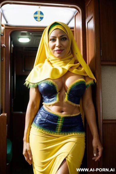 A sexy milf naked, short kinky hair with shaved sides, naked, show tits, show hairy pussy, image frame from head to knee, in motorhome, open mouth, (( yellow hijab )), gorgeous lips, - ai-porn.ai on pornsimulated.com