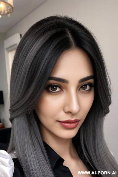 Woman long hair gray blouse selfie - ai-porn.ai on pornsimulated.com