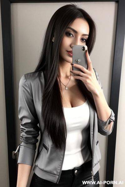 Slim woman long hair gray blouse selfie - ai-porn.ai on pornsimulated.com