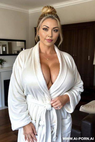 Rich mom, gigantic round tits, perfect voluptuous body, teapered waist, wide hips, big doe eyes, bitch bimbo, wearing bathrobe, standing in rich living room, early morning, ((keep face)), ((keep body)), - ai-porn.ai on pornsimulated.com