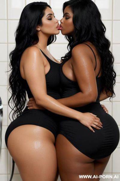 A beautiful arab curvy woman with big bust and big curvy ass wearing tank top she is kissing a beautiful black woman with long black hair curvy body in the showers - ai-porn.ai on pornsimulated.com